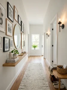 Modern narrow hallway decorated with gallery wall, runner rug, mirror, and warm lighting.