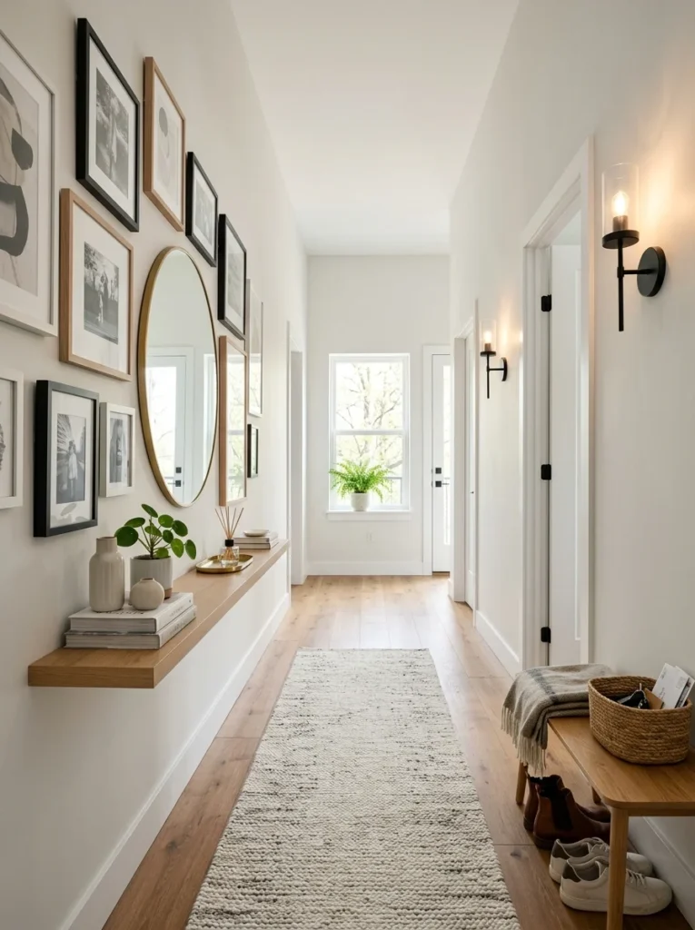 Modern narrow hallway decorated with gallery wall, runner rug, mirror, and warm lighting.