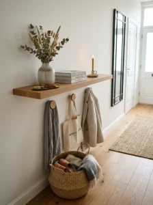 Floating console shelf and wall hooks in a narrow hallway.
