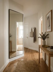 Alt Text: Hallway mirror making a narrow corner feel larger.