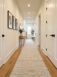 Neutral runner rug adding warmth to a narrow hallway.