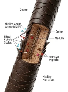 Alt Text: Hair cuticle opening during the coloring process.