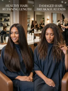 Hair breakage reducing visible hair length despite normal growth.