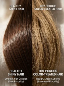 Alt Text: Comparison between healthy hair and porous color-treated hair.