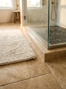Heated bathroom floor with a thick bath mat