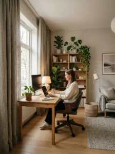 Heavy curtains helping reduce outside noise inside a quiet home office
