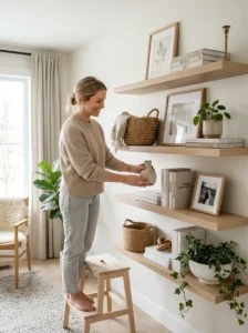 Homeowner styling shelves with books baskets and home decor