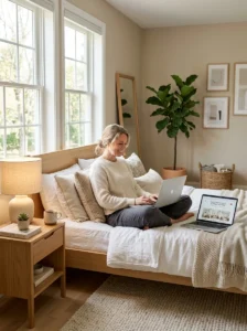 Alt Text: Homeowner reading bedroom makeover tips in a timeless bedroom