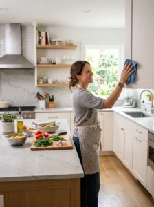 Cleaning warm white kitchen cabinets in a modern kitchen