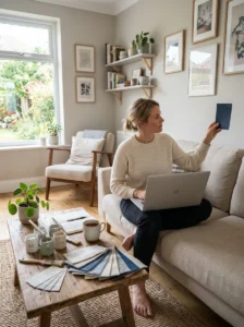 Alt Text: Homeowner comparing design inspiration with a real living room