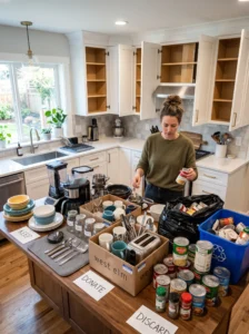Emptying kitchen cabinets before organizing them