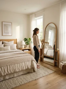 Modern bedroom with a full-length mirror placed opposite the bed