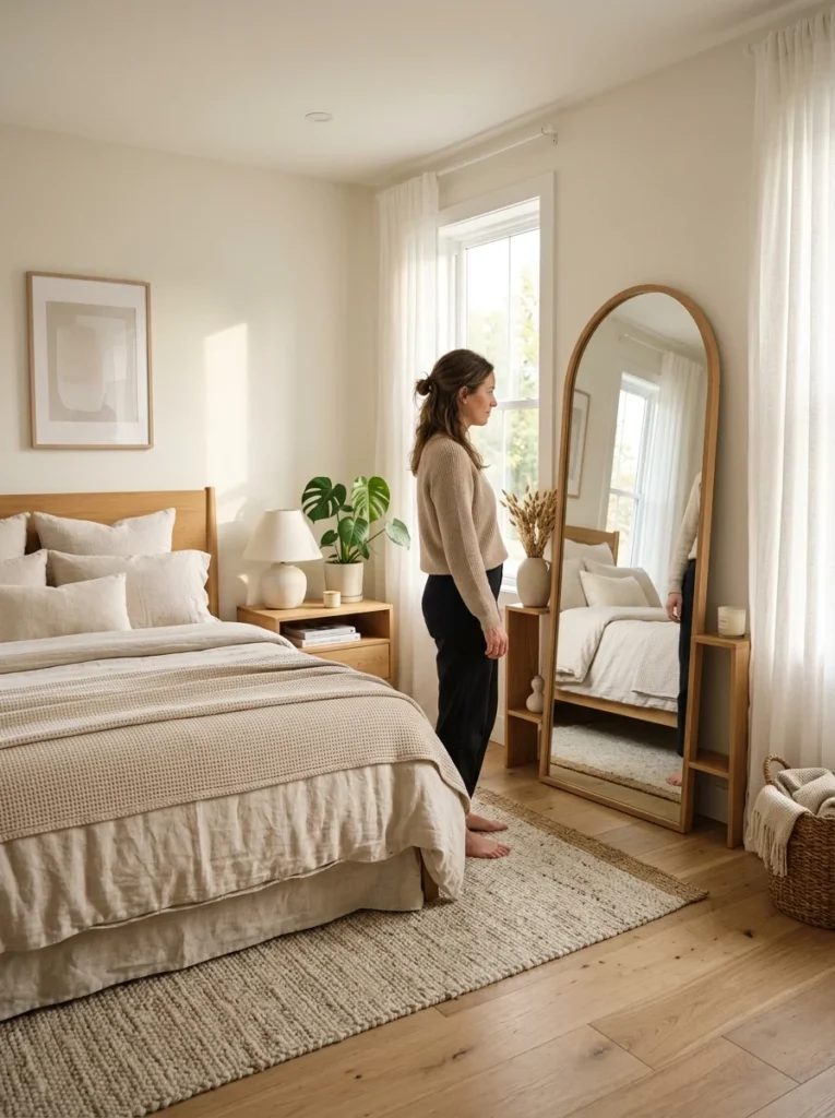 Modern bedroom with a full-length mirror placed opposite the bed
