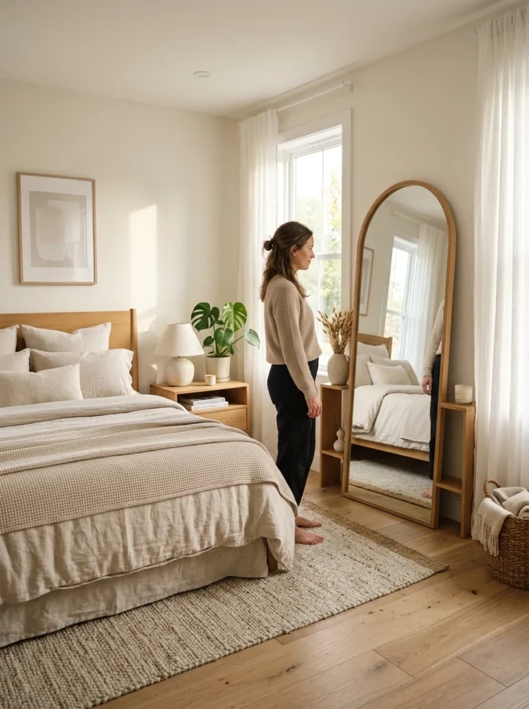 Modern bedroom with a full-length mirror placed opposite the bed