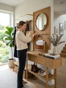 Well-organized modern entryway with stylish storage and decor