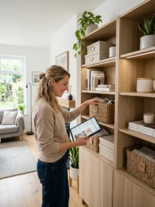 Homeowner organizing and improving a comfortable clutter-free living space