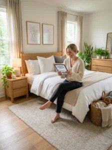Homeowner reading bedroom rug placement tips in a modern Scandinavian bedroom