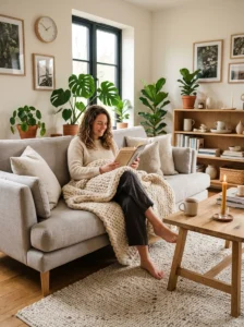 Alt Text: Cozy living room with layered textures and natural materials
