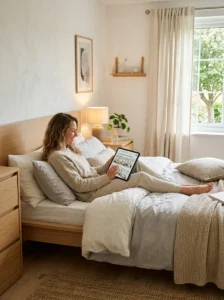A calm minimalist bedroom with layered textures, warm lighting, and thoughtful decor creating a peaceful atmosphere.