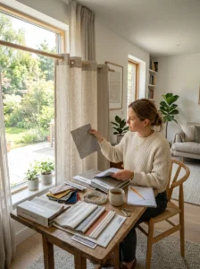 Homeowner comparing different window treatment options