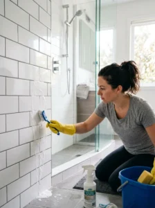 Cleaning bathroom grout using a grout brush and cleaner.
