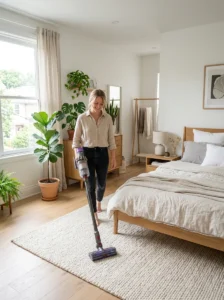 Alt Text: Cleaning a bedroom area rug beside the bed