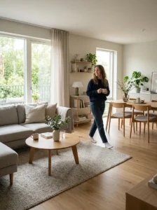 Alt Text: Comfortable walking path through a modern living room