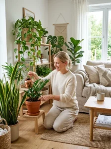 Easy-care indoor plants in a modern Scandinavian living room