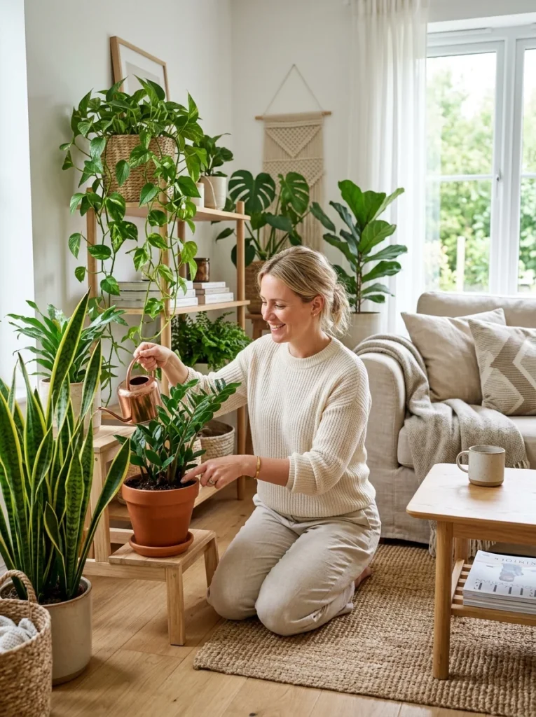Easy-care indoor plants in a modern Scandinavian living room