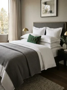 Hotel-style pillow arrangement with Euro shams and matching sleeping pillows.