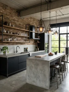 Industrial kitchen with custom concrete countertops