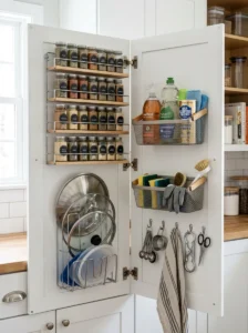 Kitchen cabinet door used for spice storage and lid organization