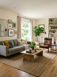 Frame TV displaying artwork to blend into living room decor