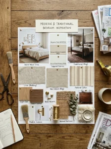 Bedroom mood board showing shared design ideas and complementary materials.