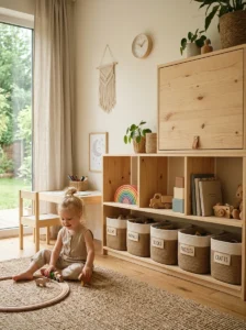 Toy rotation system using organized storage in a minimalist kids room