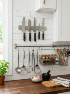 Kitchen wall storage with magnetic knife strip and hanging utensil rail