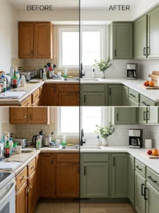 Before and after kitchen makeover showing affordable luxury upgrades