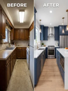 Before and after kitchen renovation showing visible improvements