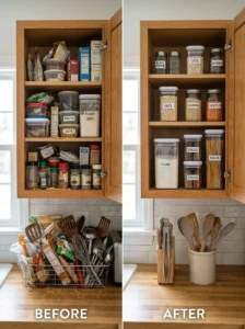 Before and after decluttering a kitchen cabinet to create more storage space