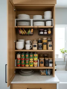 Kitchen cabinet organized with shelf risers and adjustable shelves for extra storage