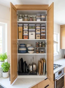 Vertical kitchen cabinet storage with shelf risers and organizers