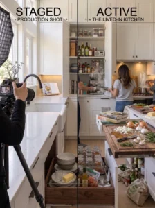 Photo-ready kitchen compared with a real-life functional kitchen