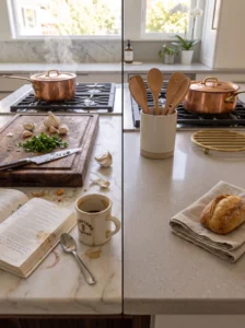Staged kitchen compared with a realistic everyday kitchen