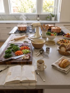 Large functional kitchen counter space for meal preparation