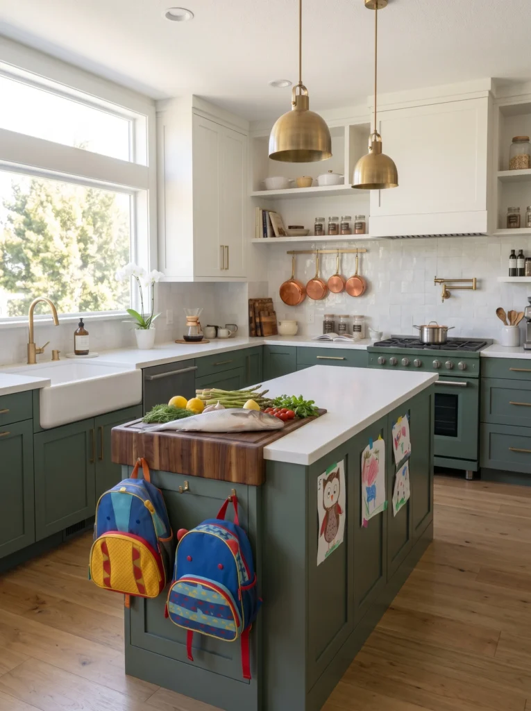 Modern kitchen with white upper cabinets and sage green lower cabinets