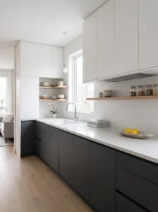 Two-tone kitchen cabinets creating visual layers and depth