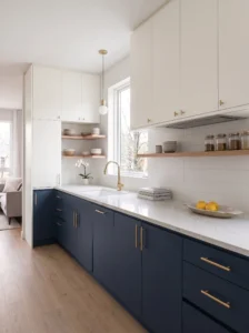 White upper cabinets with dark navy lower cabinets in a modern kitchen