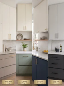 Kitchen with contrasting island color and white perimeter cabinets