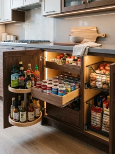 Deep kitchen cabinet with pull-out shelves and lazy Susan organizer