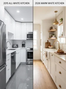 Comparison of old white kitchen and modern 2026 white kitchen